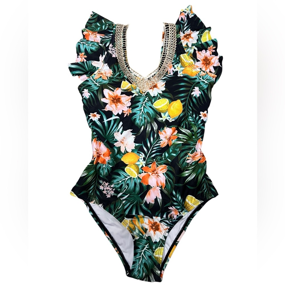 NWOT Tropical Floral Kids Swimsuit Sz L (8-9 years)